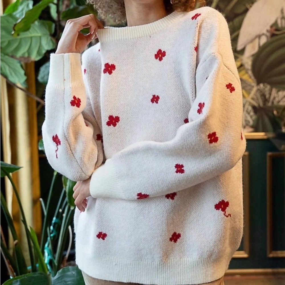 POL Cream Sweater with Red Floral Accents